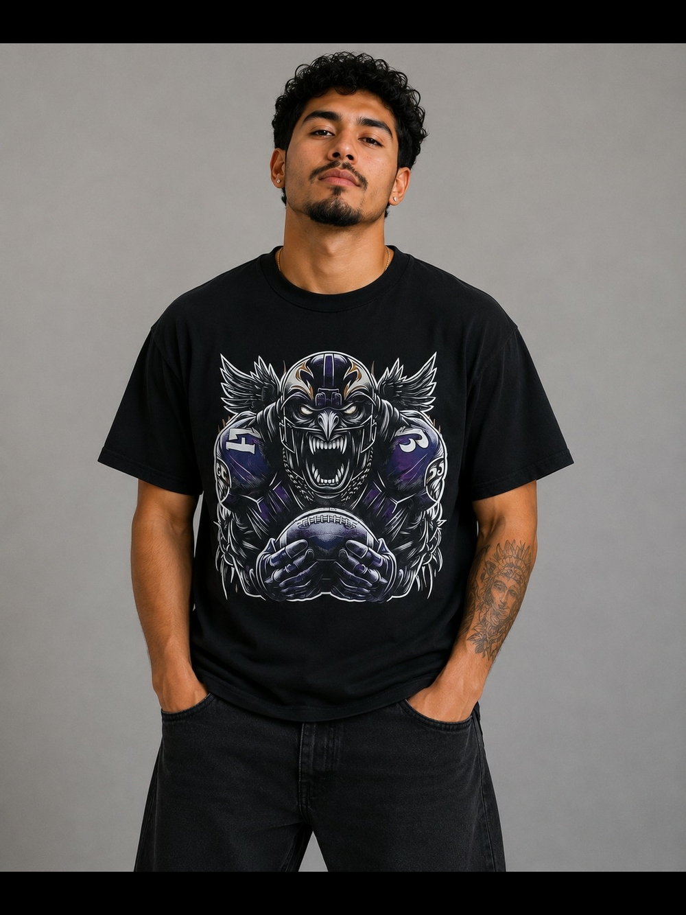 Black Graphic Short-Sleeve Men's Tee with Fierce Football Monster Print